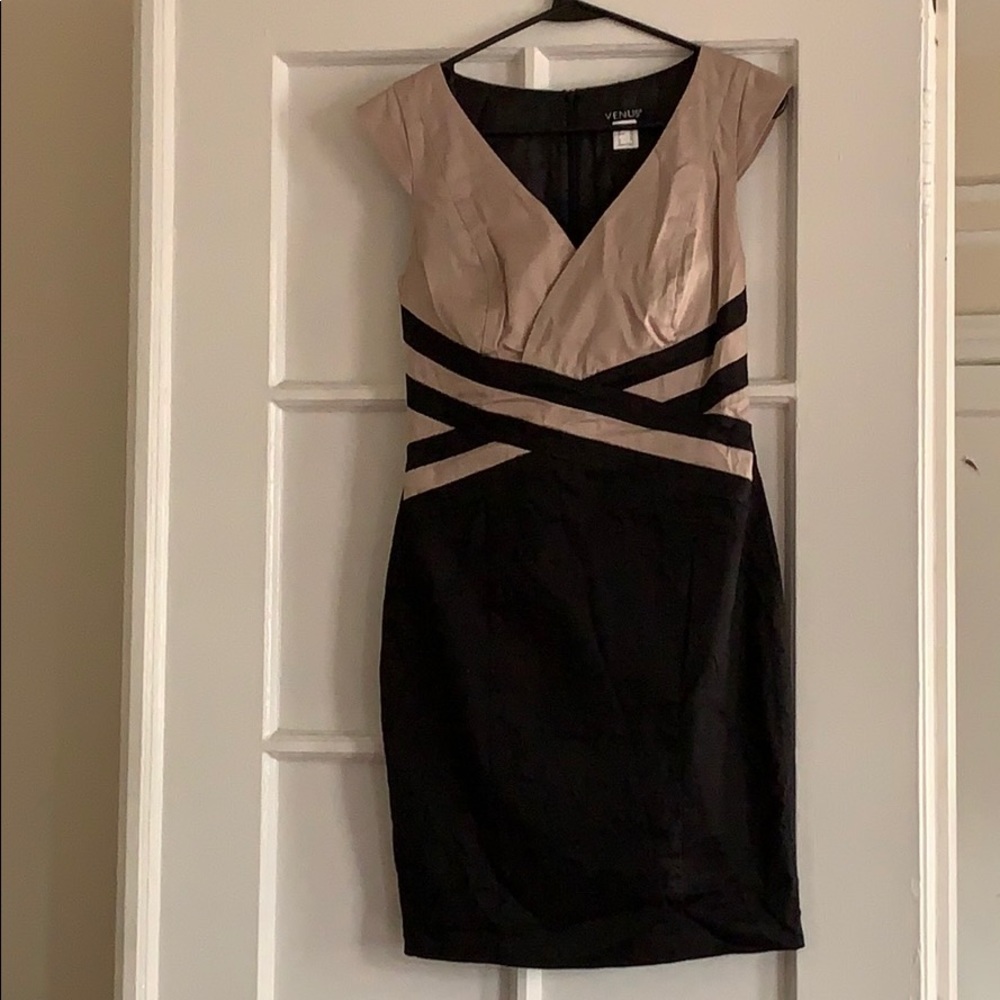 Venus Tan and Black Wrap Dress!